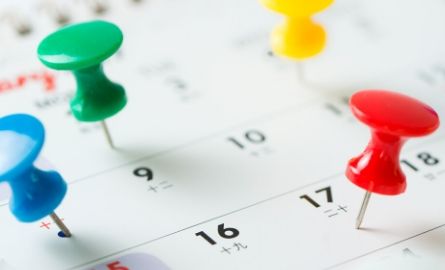calendar with coloured thumbtacks in dates