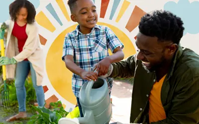 Two adults and a child tend to a garden and water the plants. In the background is an image of a sun. 